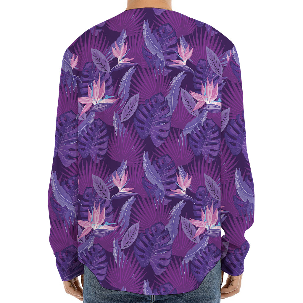 Dark Purple Hawaiian Tropical Print Long Sleeve Baseball Jersey