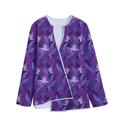 Dark Purple Hawaiian Tropical Print Long Sleeve Short Coat