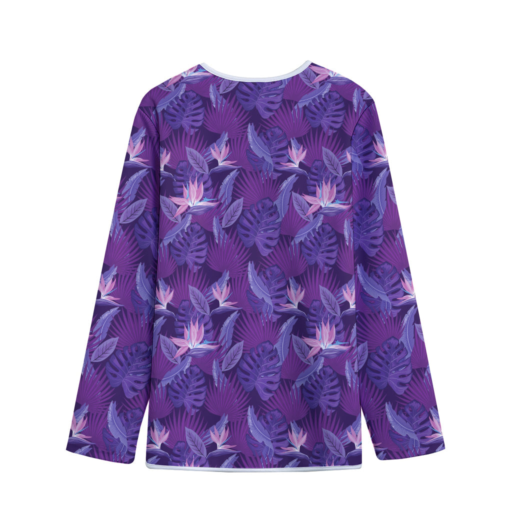 Dark Purple Hawaiian Tropical Print Long Sleeve Short Coat