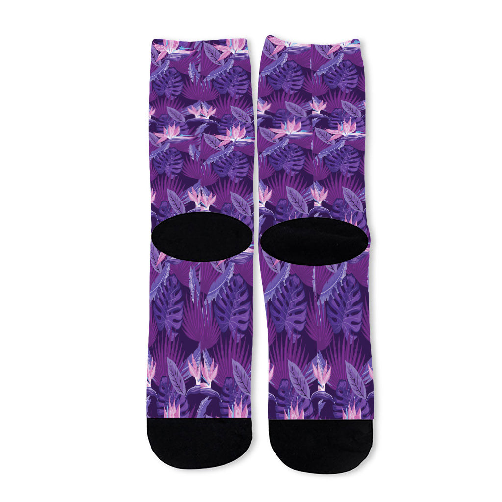 Dark Purple Hawaiian Tropical Print Long Socks