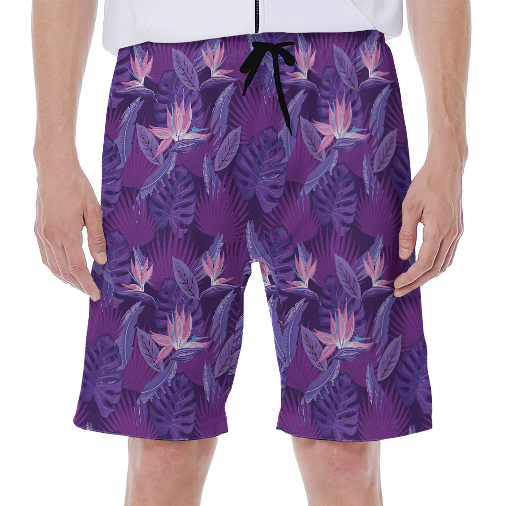 Dark Purple Hawaiian Tropical Print Men's Beach Shorts