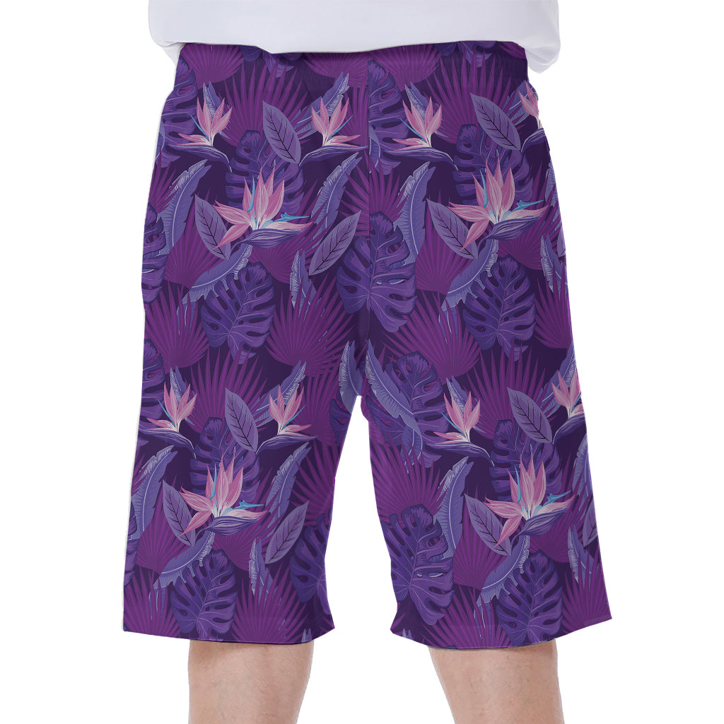 Dark Purple Hawaiian Tropical Print Men's Beach Shorts