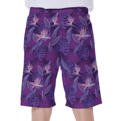 Dark Purple Hawaiian Tropical Print Men's Beach Shorts