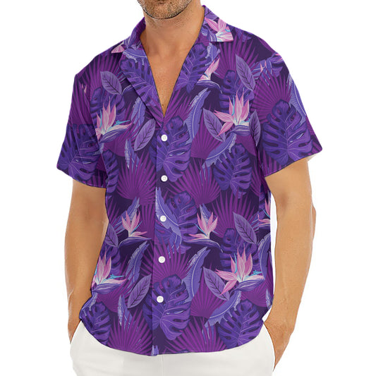 Dark Purple Hawaiian Tropical Print Men's Deep V-Neck Shirt