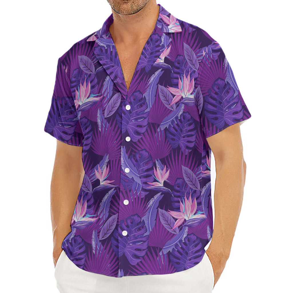 Dark Purple Hawaiian Tropical Print Men's Deep V-Neck Shirt