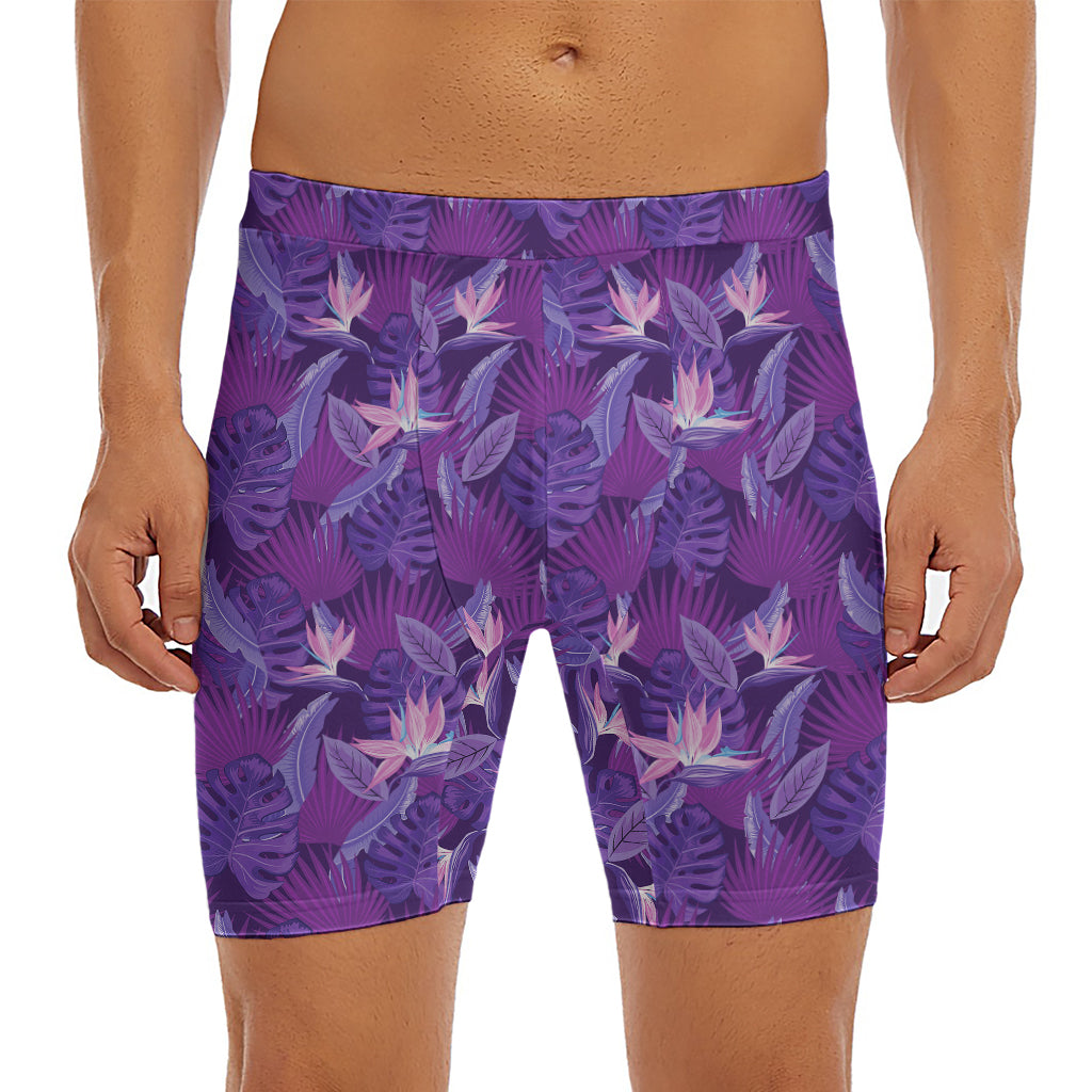 Dark Purple Hawaiian Tropical Print Men's Long Boxer Briefs