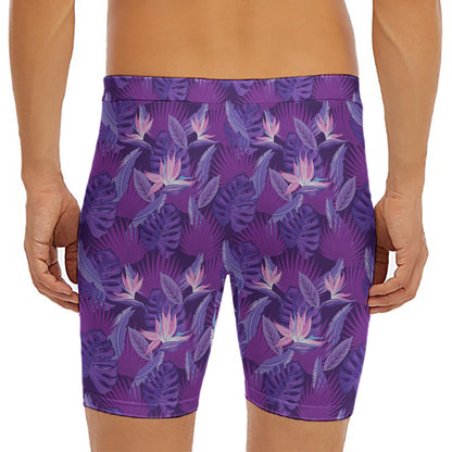 Dark Purple Hawaiian Tropical Print Men's Long Boxer Briefs
