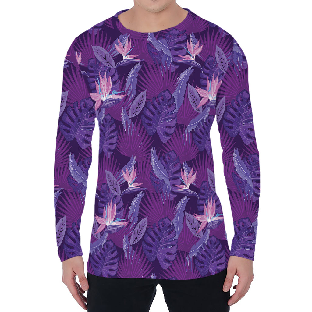 Dark Purple Hawaiian Tropical Print Men's Long Sleeve T-Shirt
