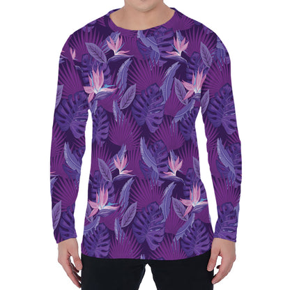 Dark Purple Hawaiian Tropical Print Men's Long Sleeve T-Shirt