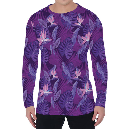 Dark Purple Hawaiian Tropical Print Men's Long Sleeve T-Shirt