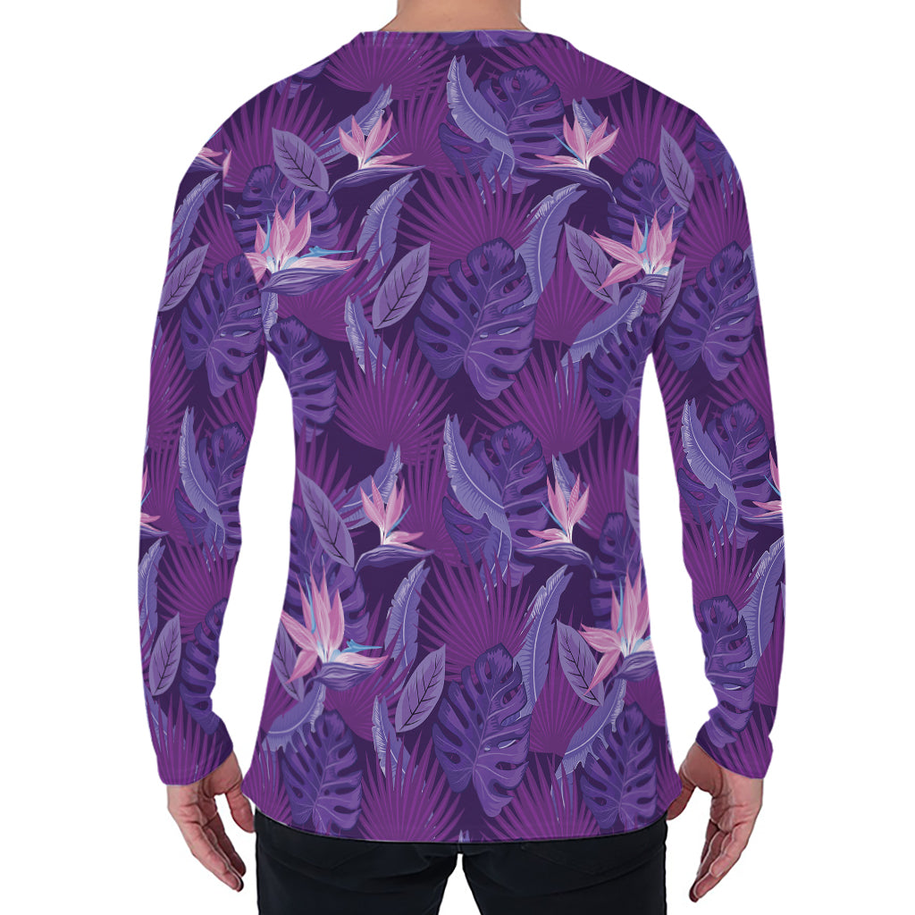 Dark Purple Hawaiian Tropical Print Men's Long Sleeve T-Shirt