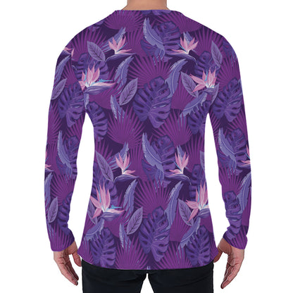 Dark Purple Hawaiian Tropical Print Men's Long Sleeve T-Shirt