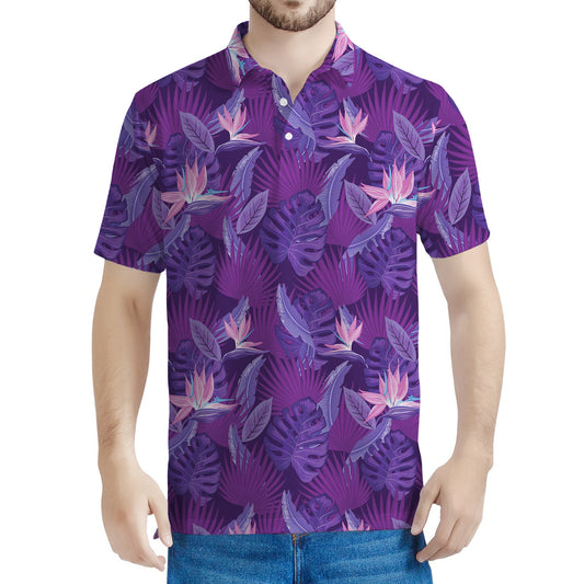 Dark Purple Hawaiian Tropical Print Men's Polo Shirt