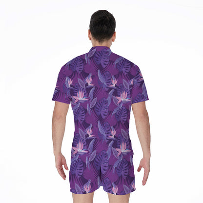 Dark Purple Hawaiian Tropical Print Men's Rompers