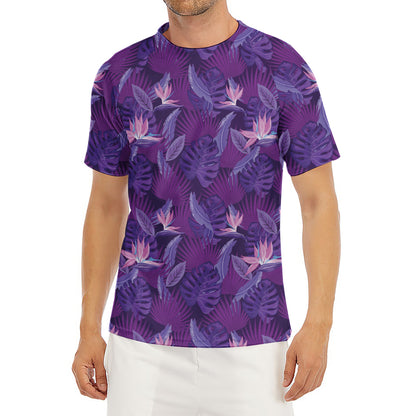 Dark Purple Hawaiian Tropical Print Men's Short Sleeve Rash Guard