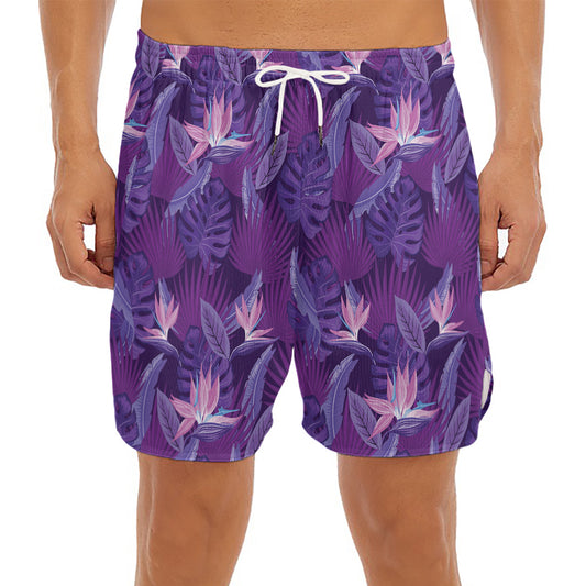 Dark Purple Hawaiian Tropical Print Men's Split Running Shorts