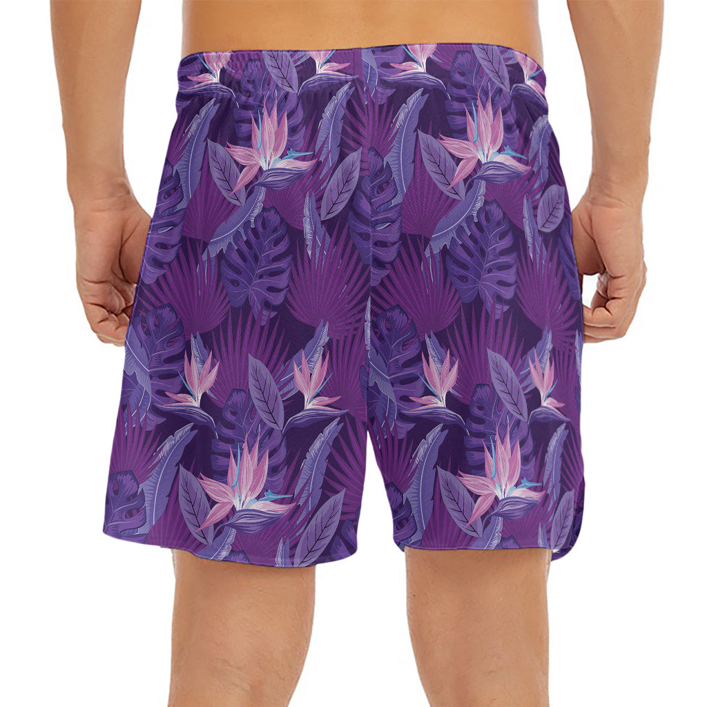 Dark Purple Hawaiian Tropical Print Men's Split Running Shorts