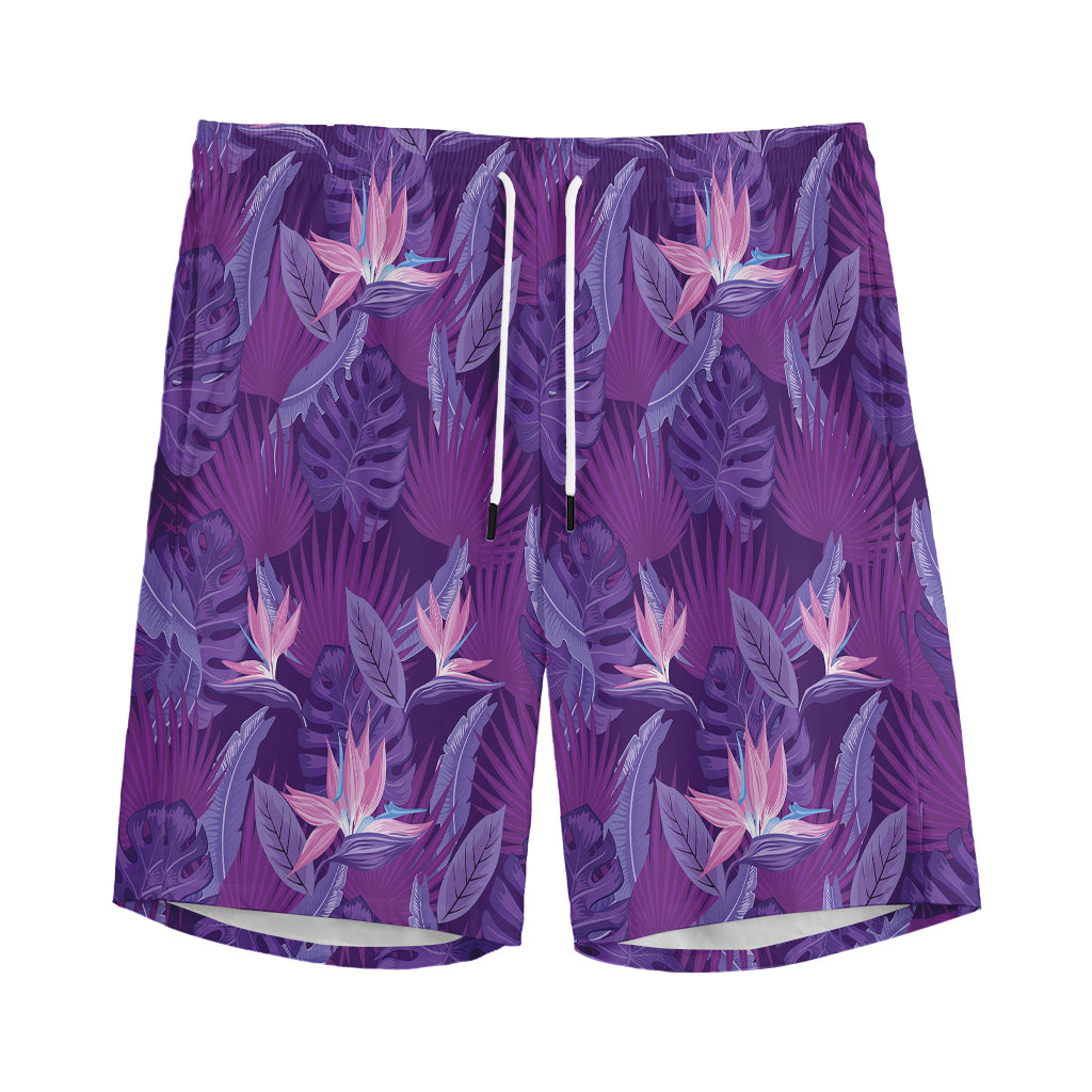 Dark Purple Hawaiian Tropical Print Men's Sports Shorts