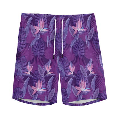 Dark Purple Hawaiian Tropical Print Men's Sports Shorts