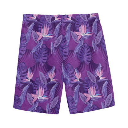 Dark Purple Hawaiian Tropical Print Men's Sports Shorts
