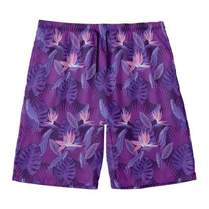 Dark Purple Hawaiian Tropical Print Men's Swim Trunks