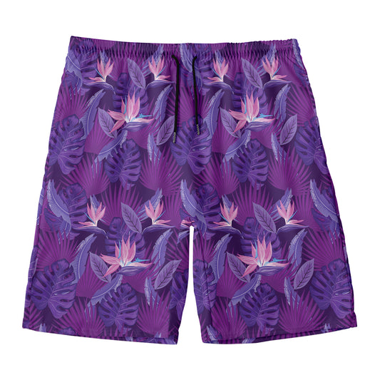 Dark Purple Hawaiian Tropical Print Men's Swim Trunks