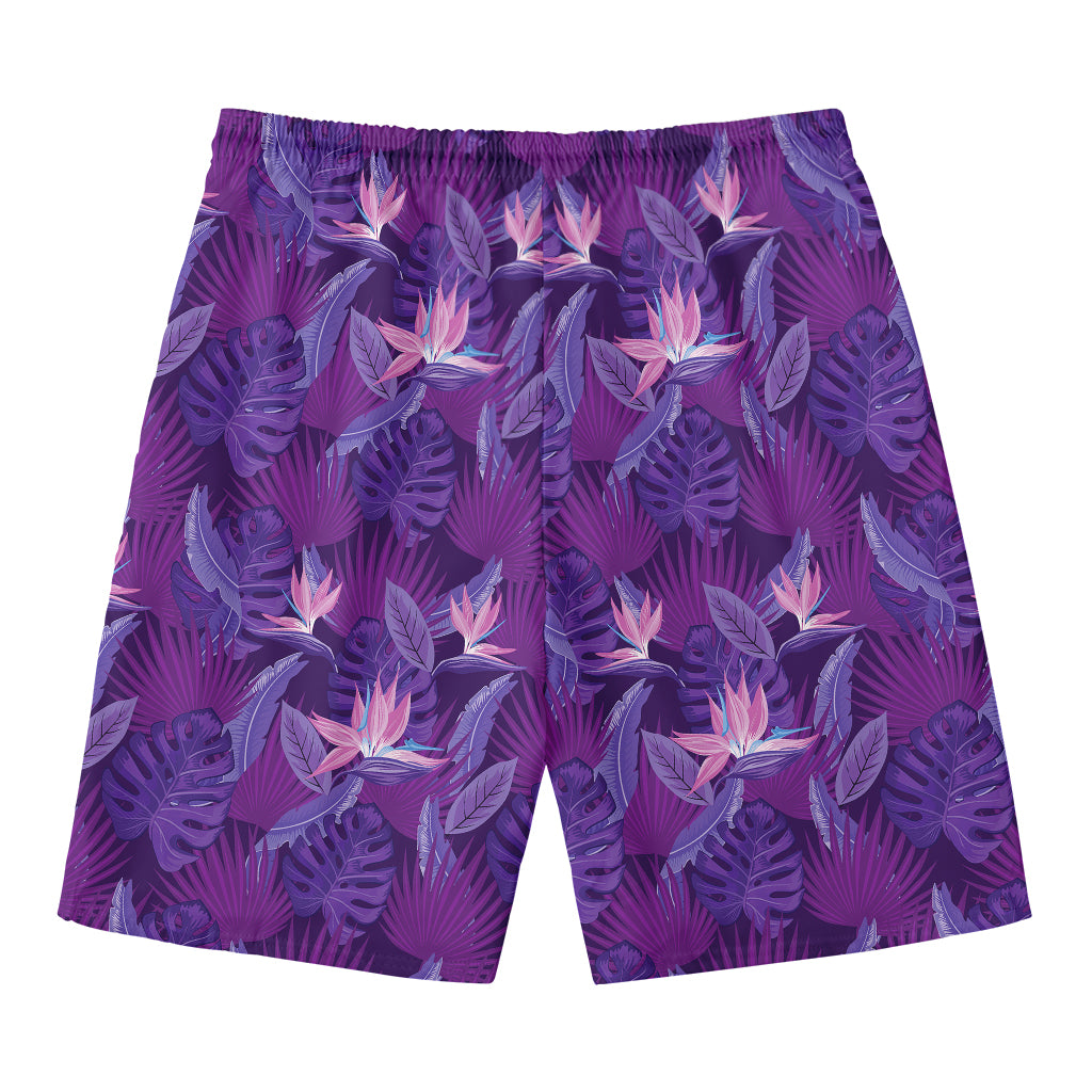 Dark Purple Hawaiian Tropical Print Men's Swim Trunks
