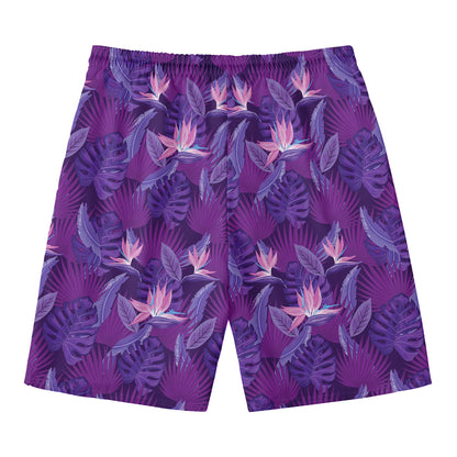 Dark Purple Hawaiian Tropical Print Men's Swim Trunks
