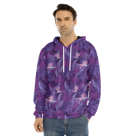 Dark Purple Hawaiian Tropical Print Men's Velvet Pullover Hoodie