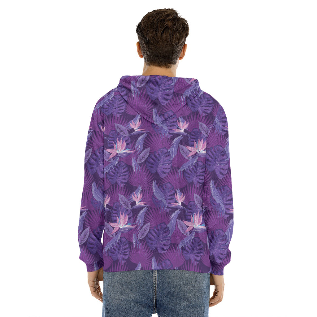 Dark Purple Hawaiian Tropical Print Men's Velvet Pullover Hoodie
