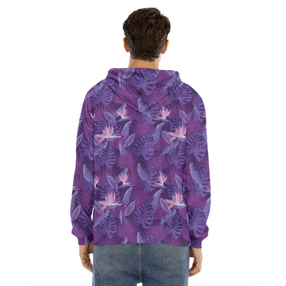 Dark Purple Hawaiian Tropical Print Men's Velvet Pullover Hoodie
