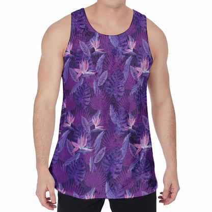 Dark Purple Hawaiian Tropical Print Men's Velvet Tank Top