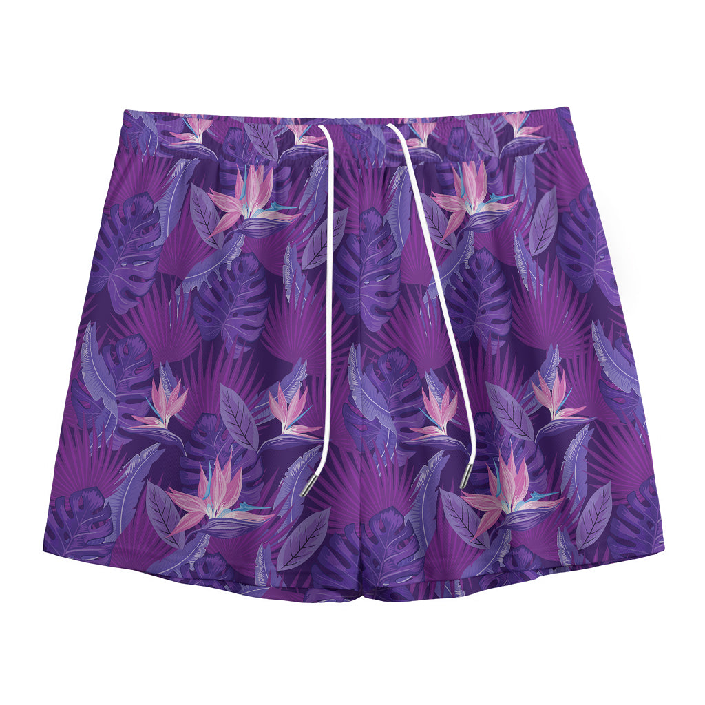 Dark Purple Hawaiian Tropical Print Mesh Shorts