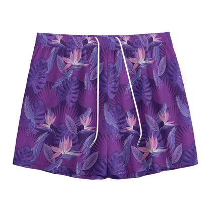 Dark Purple Hawaiian Tropical Print Mesh Shorts