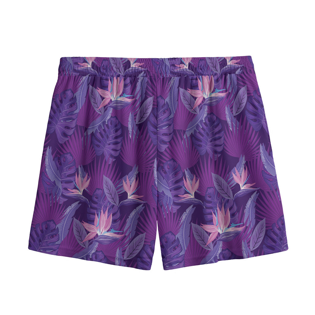Dark Purple Hawaiian Tropical Print Mesh Shorts