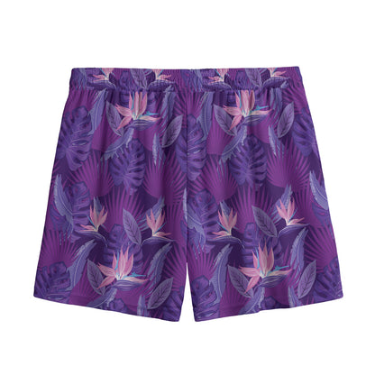 Dark Purple Hawaiian Tropical Print Mesh Shorts
