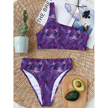 Dark Purple Hawaiian Tropical Print One Shoulder Bikini Top