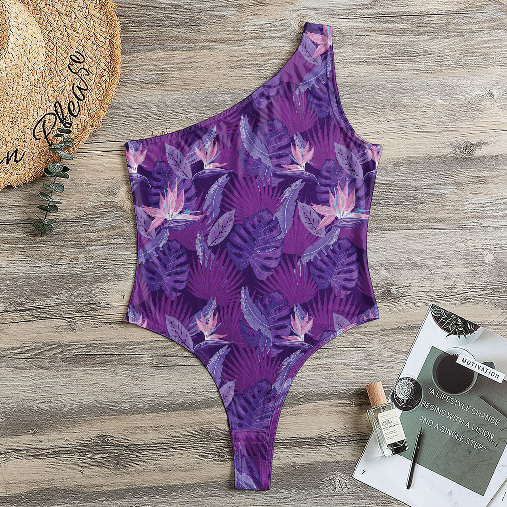 Dark Purple Hawaiian Tropical Print One Shoulder Bodysuit