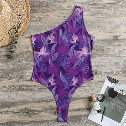 Dark Purple Hawaiian Tropical Print One Shoulder Bodysuit