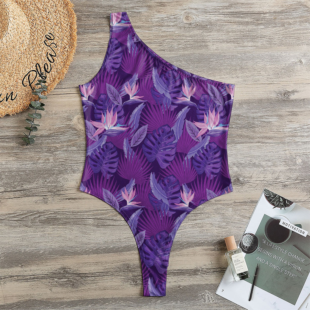 Dark Purple Hawaiian Tropical Print One Shoulder Bodysuit