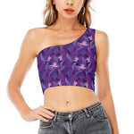 Dark Purple Hawaiian Tropical Print One Shoulder Crop Top