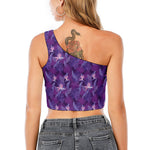 Dark Purple Hawaiian Tropical Print One Shoulder Crop Top