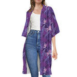 Dark Purple Hawaiian Tropical Print Open Front Beach Cover Up