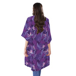 Dark Purple Hawaiian Tropical Print Open Front Beach Cover Up