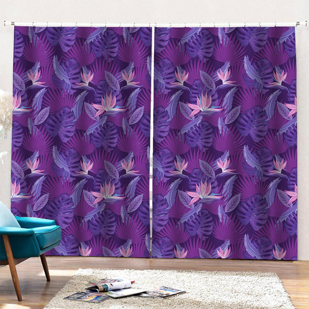 Dark Purple Hawaiian Tropical Print Pencil Pleat Curtains
