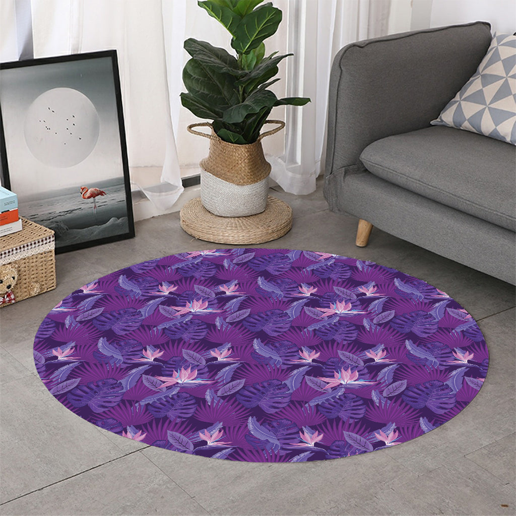 Dark Purple Hawaiian Tropical Print Round Rug