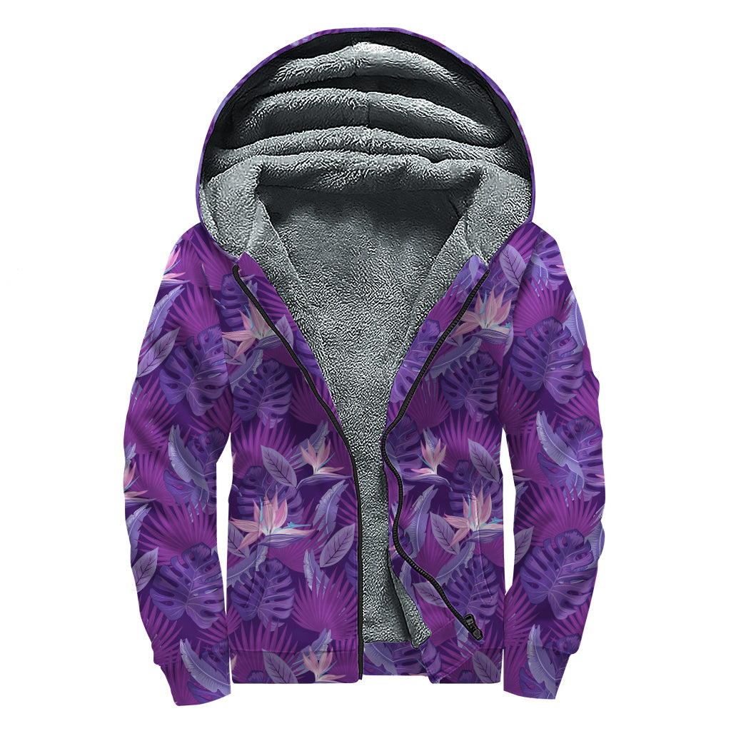Dark Purple Hawaiian Tropical Print Sherpa Lined Zip Up Hoodie