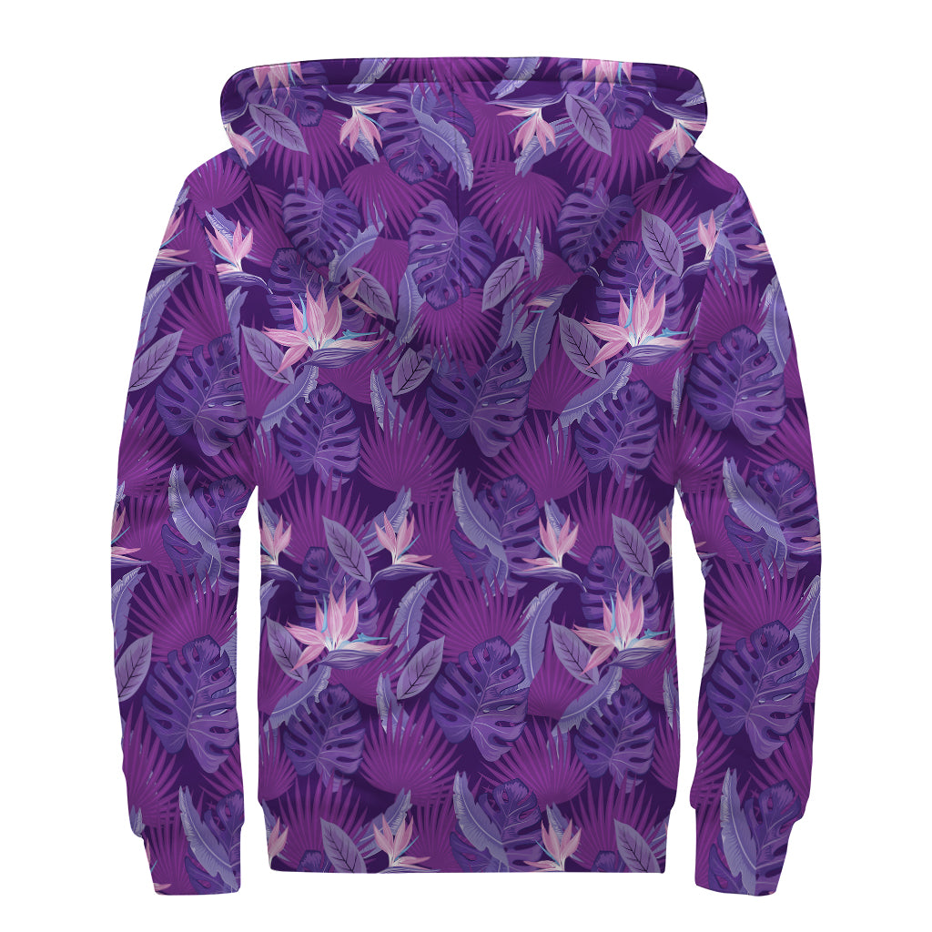 Dark Purple Hawaiian Tropical Print Sherpa Lined Zip Up Hoodie