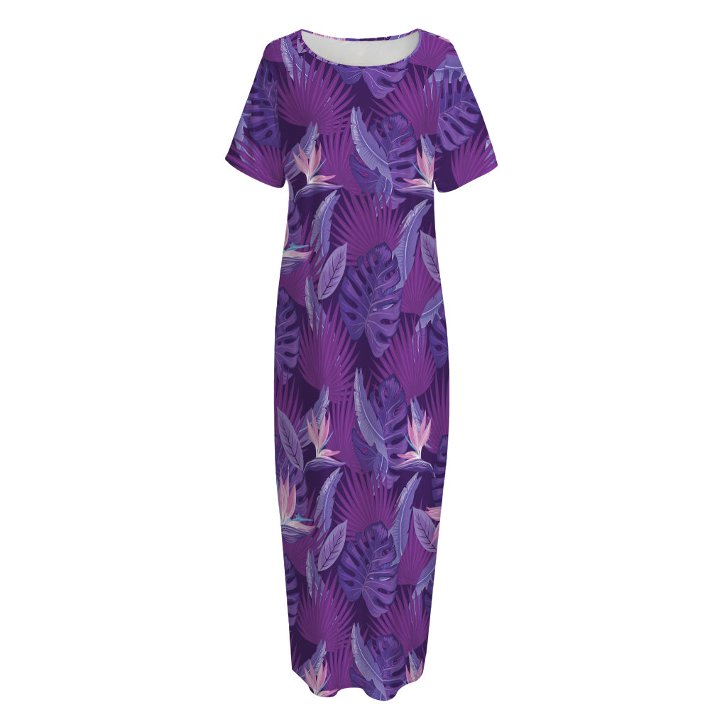 Dark Purple Hawaiian Tropical Print Short Sleeve Long Nightdress