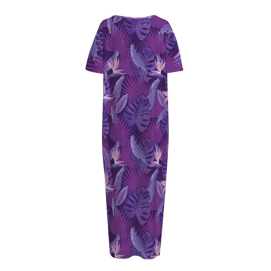 Dark Purple Hawaiian Tropical Print Short Sleeve Long Nightdress
